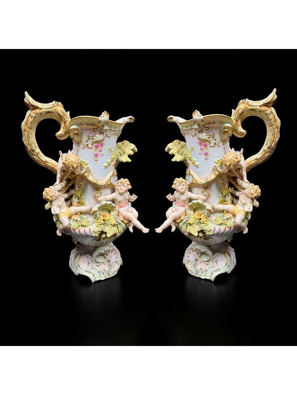 Antique Authentic German Porcelain Cherub Vase Set of 2 - 11” - Signed - 10214